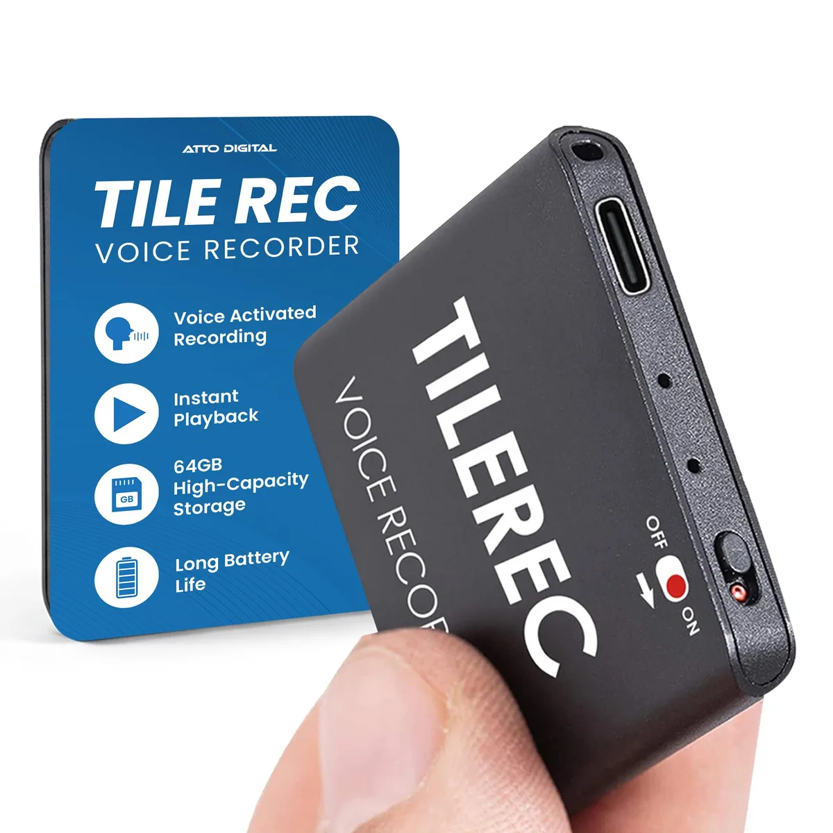 Square black metal voice recorder, 40 by 40 by 5 mm, USB-C port, 1.6 inch display