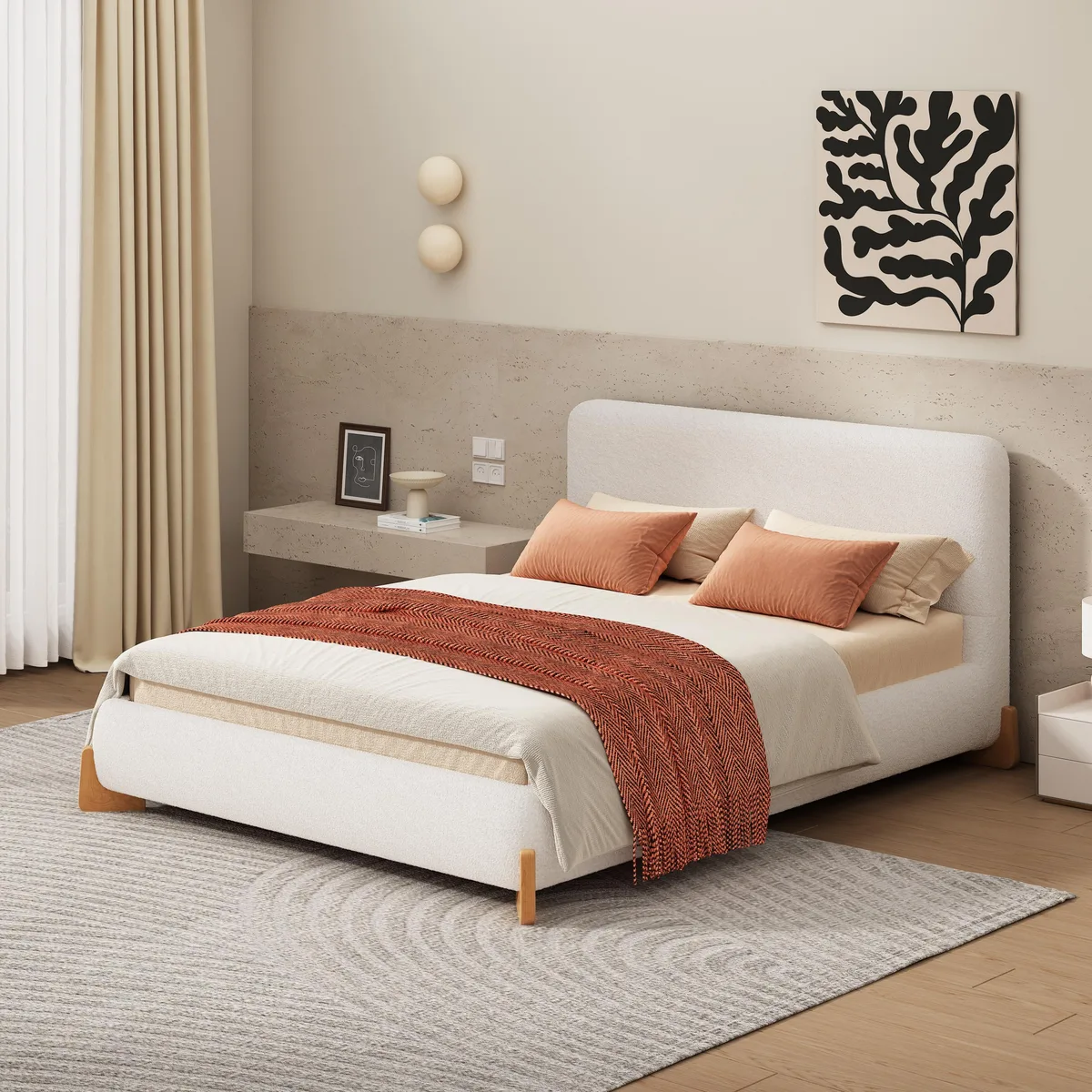 tuphen tuphen Boucle Upholstered Bed Full White 12 Slats — product photo
