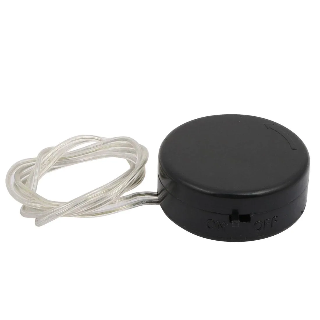 Black plastic holder for two CR2032 cells with slide switch and wire leads