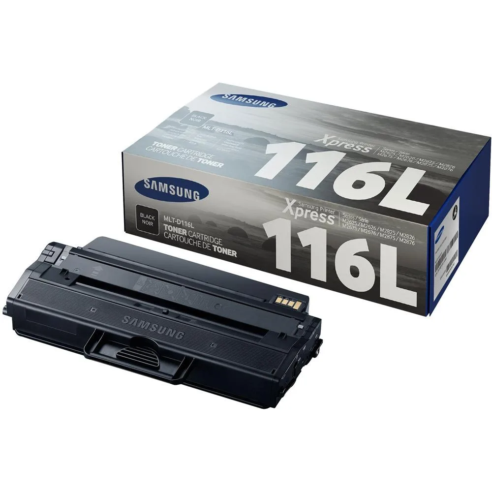 Rectangular black toner cartridge in sealed packaging