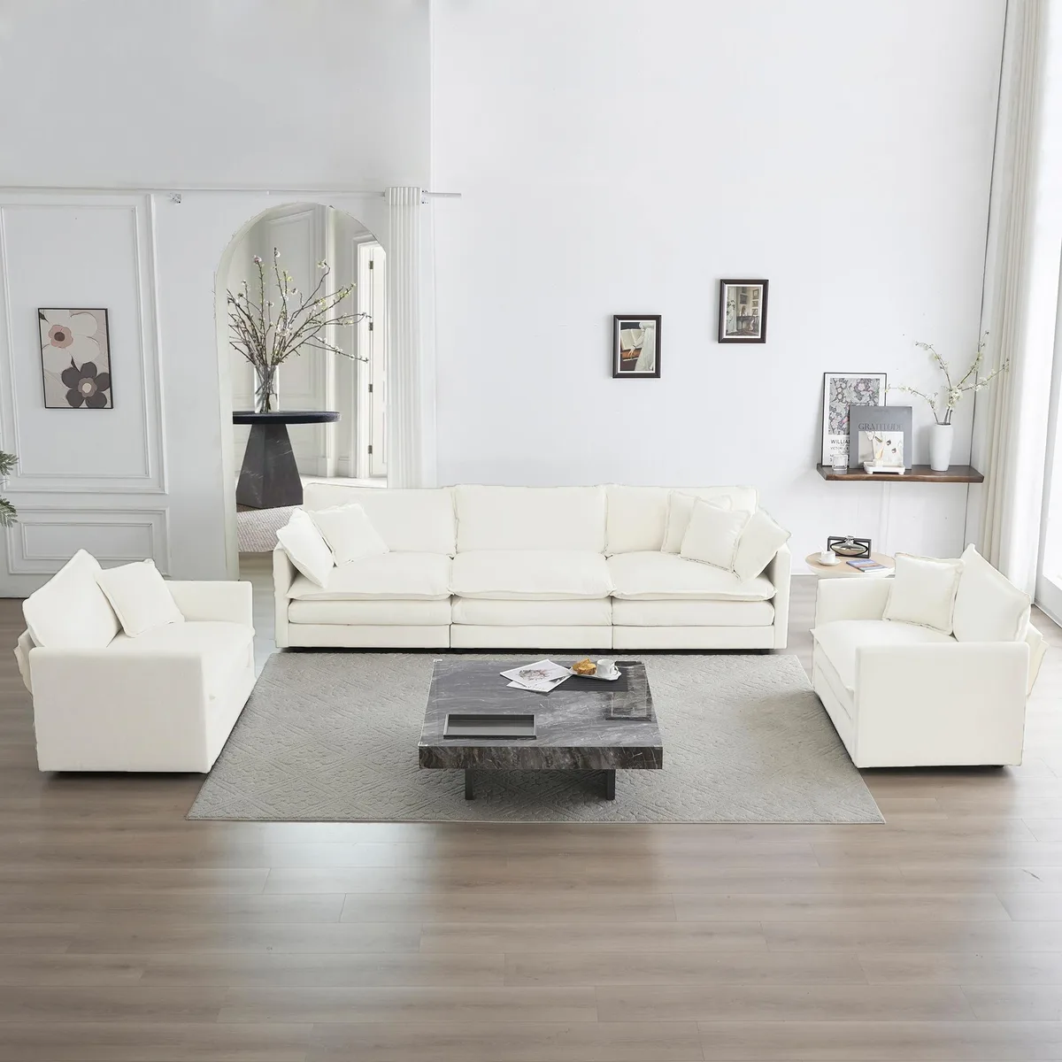Three-piece white chenille sofa set with rounded arms