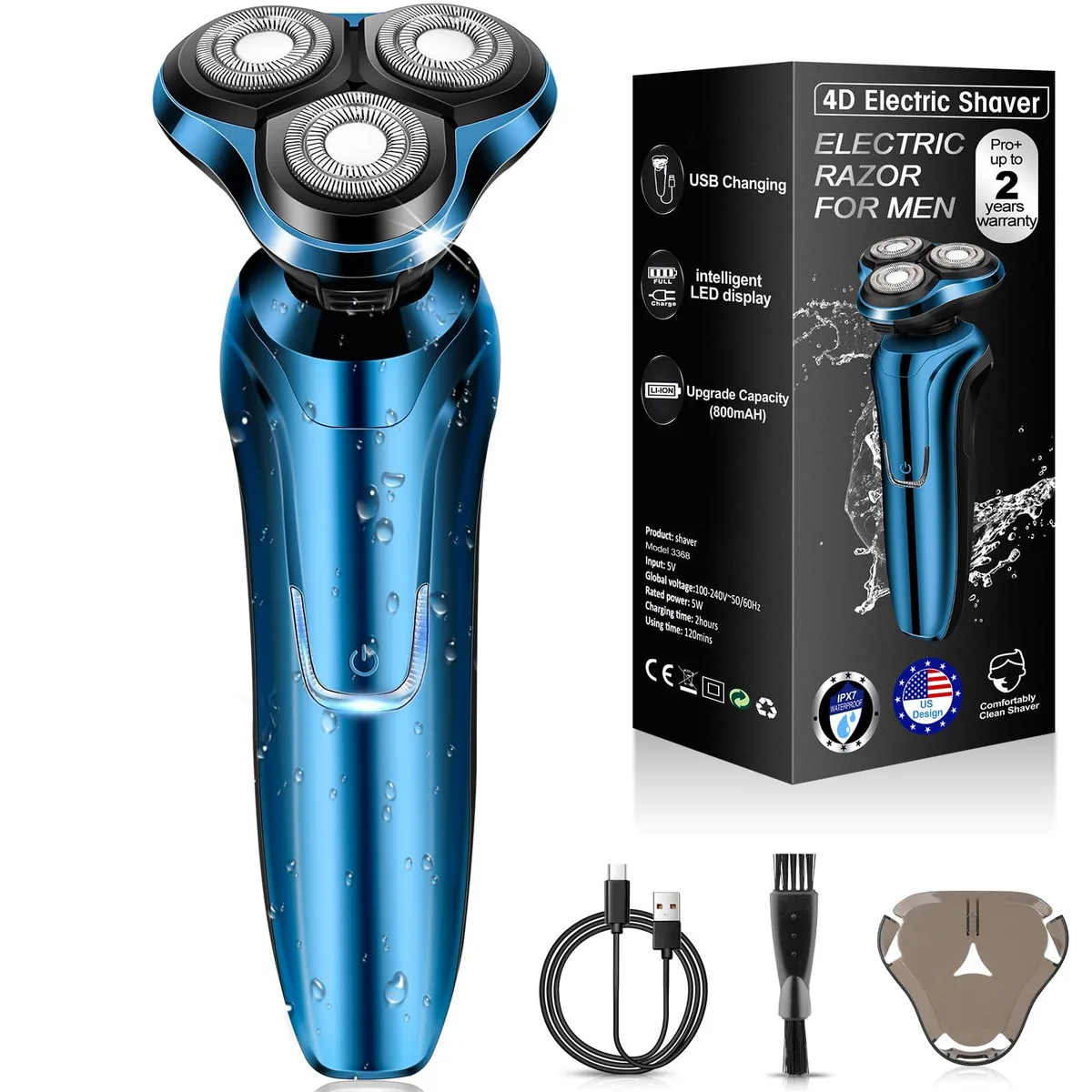 Blue rotary shaver with three floating heads