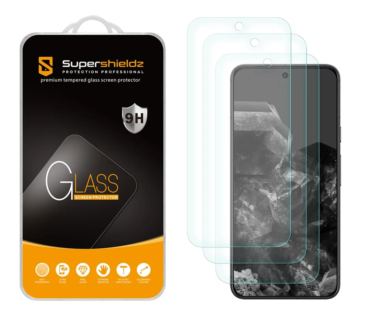 Three glossy rectangular glass sheets on a light background