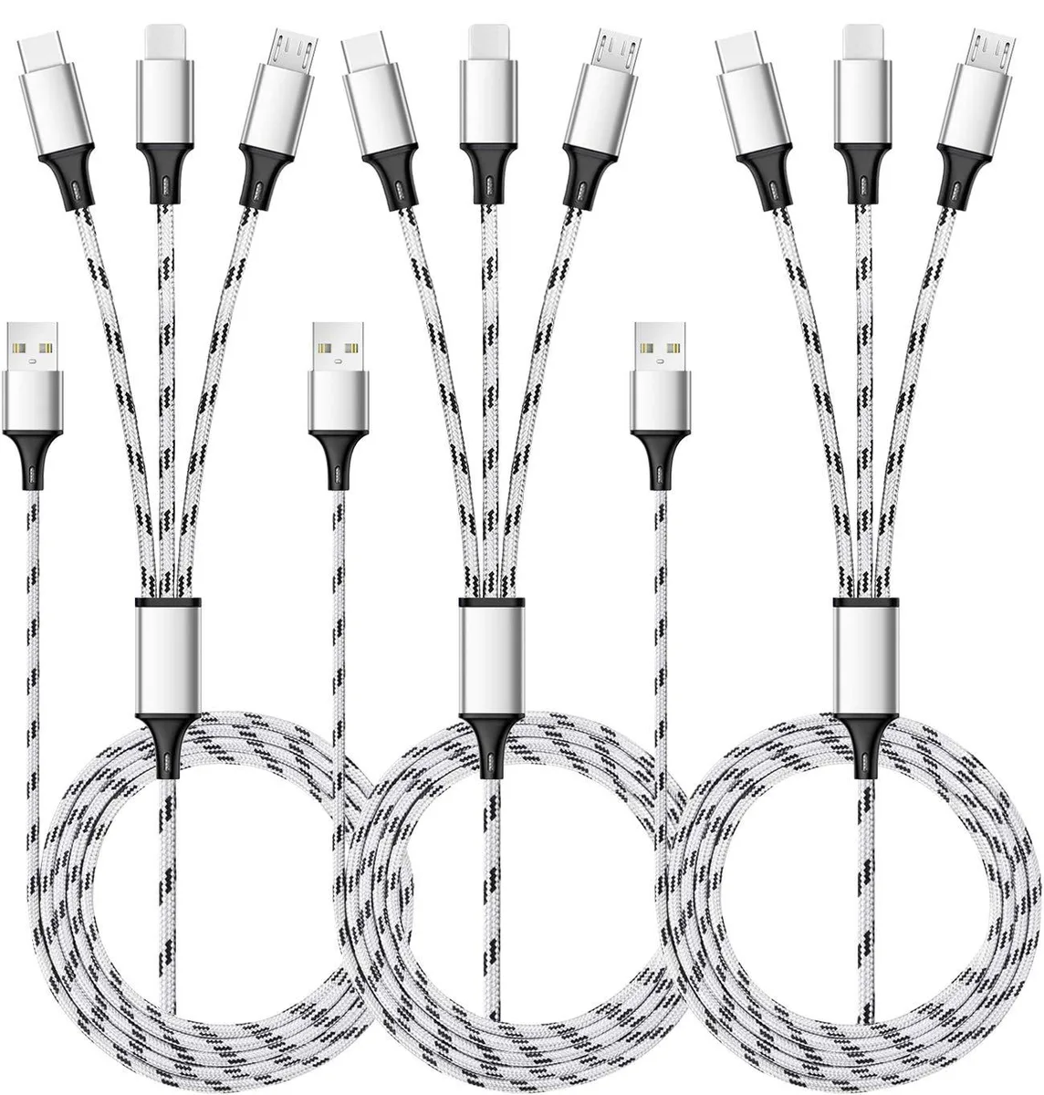Three 5ft nylon-braided cables with USB-C, Micro-USB and Lightning tips