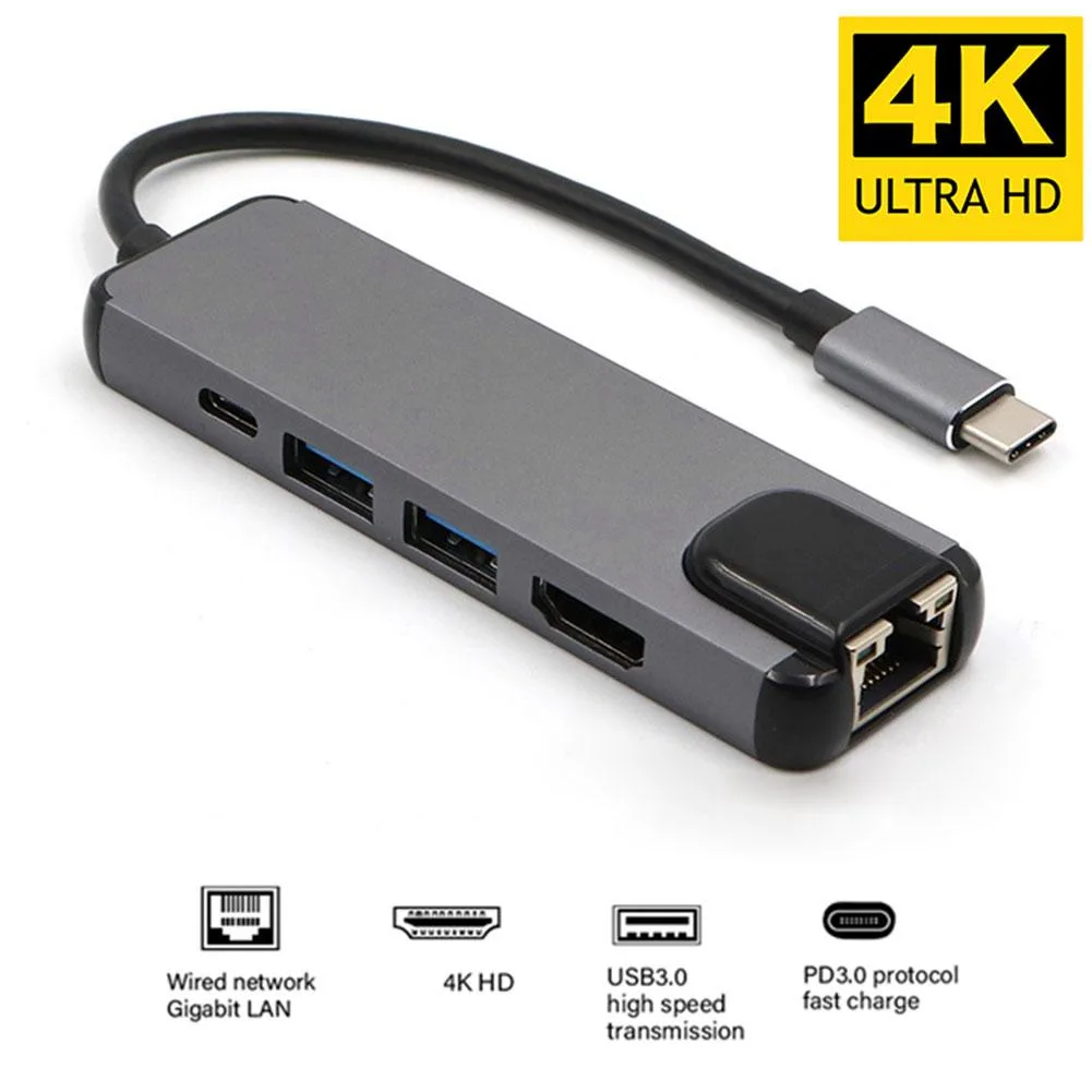 WRIARICH WRIARICH LKTC15 5-in-1 USB C Hub Grey 4K HDMI 1000Mbps Ethernet 100W PD 2x USB 3.0 — product photo