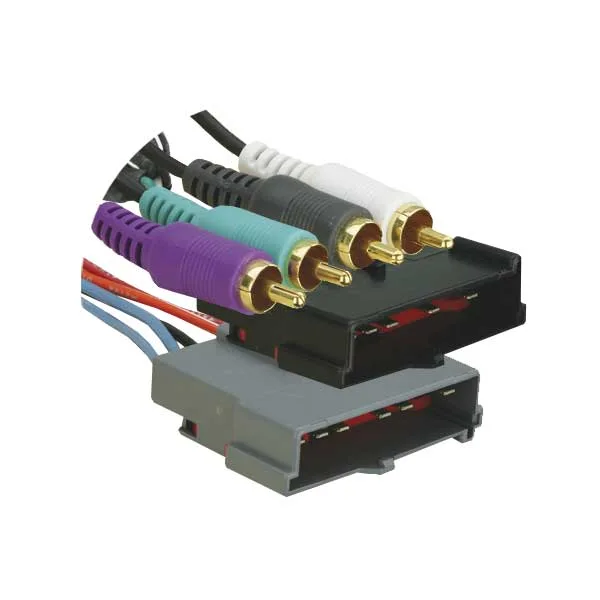 Black wiring harness with two eight-pin plugs and four RCA connectors