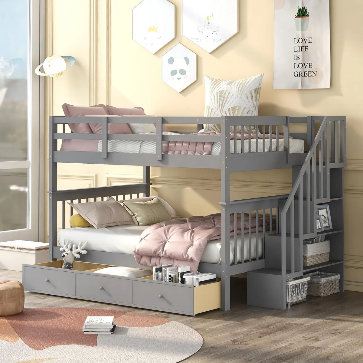 Gray solid wood full-over-full bunk bed with staircase drawers and guard rail