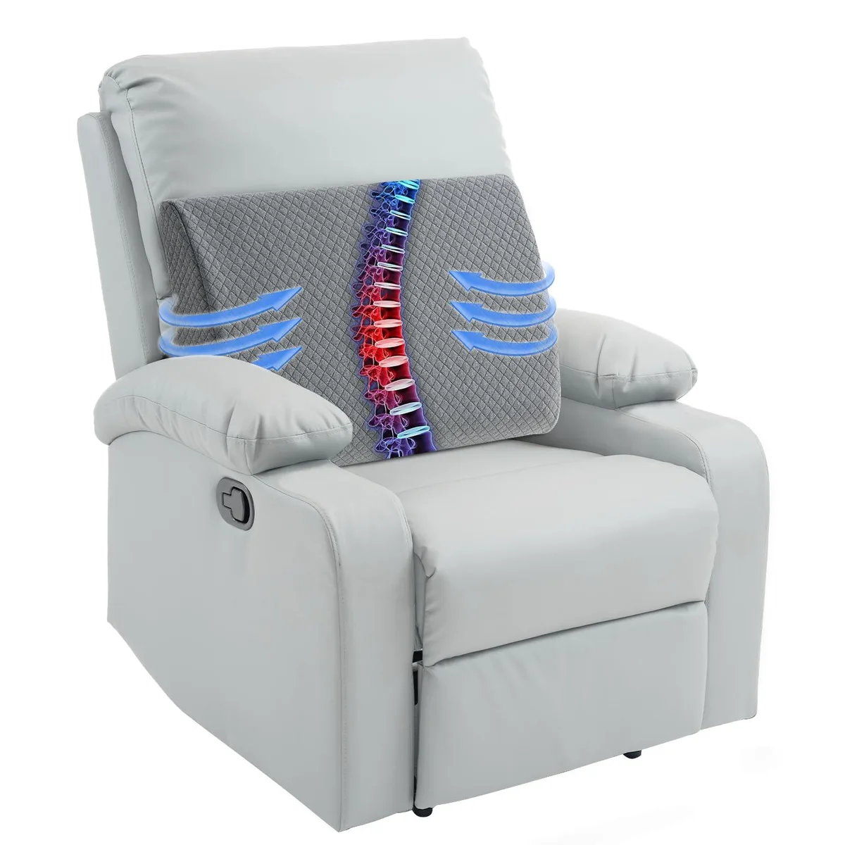 Grey rectangular lumbar pillow with plush cover and adjustable straps