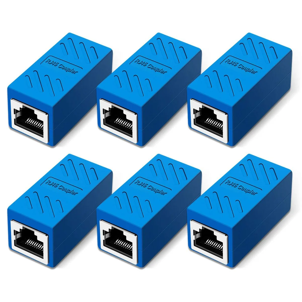 Six blue RJ45 inline couplers, female-to-female, Cat6 compatible