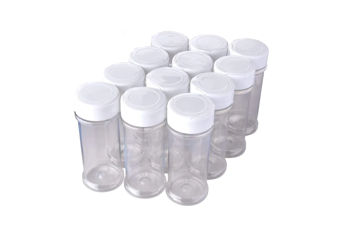 Twelve clear cylindrical jars with white flip-top lids, red accents, 1.9 by 4.8 inches