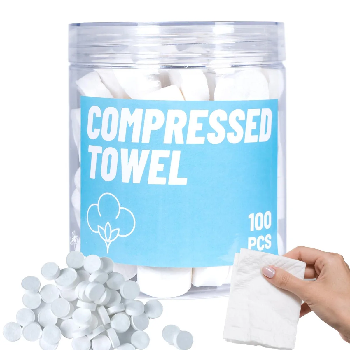 Small black compressed cotton towel tablets in bulk pack