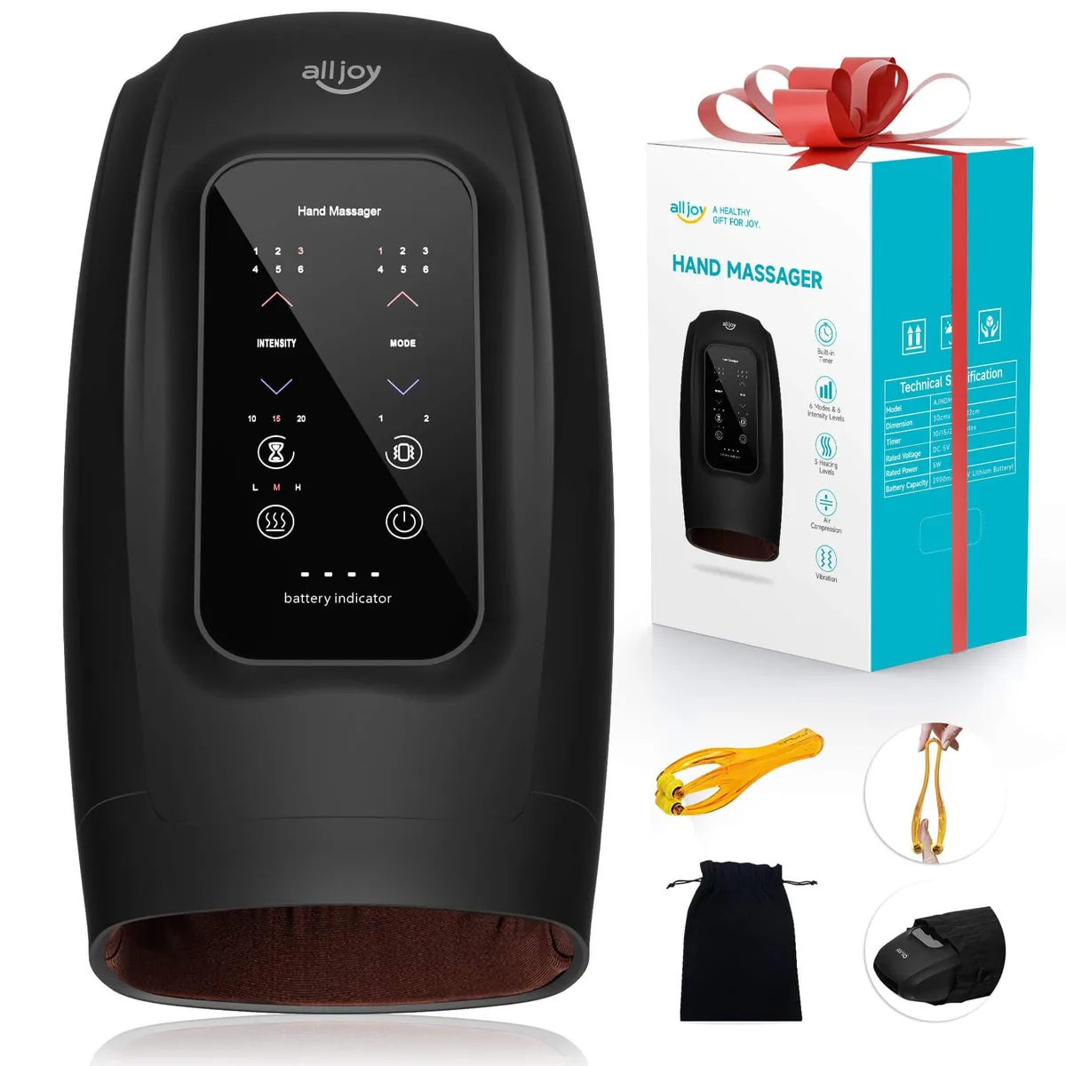 Black cube-shaped cordless hand massager with touchscreen display
