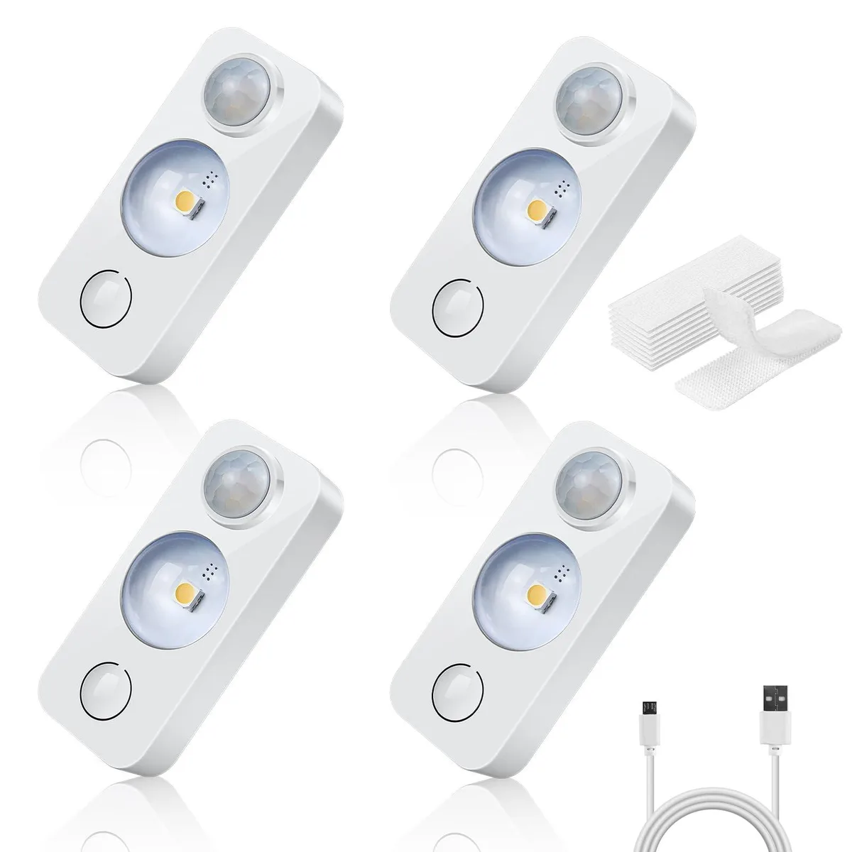 Four white puck lights with clear prismatic lenses, USB cord and adhesive plates
