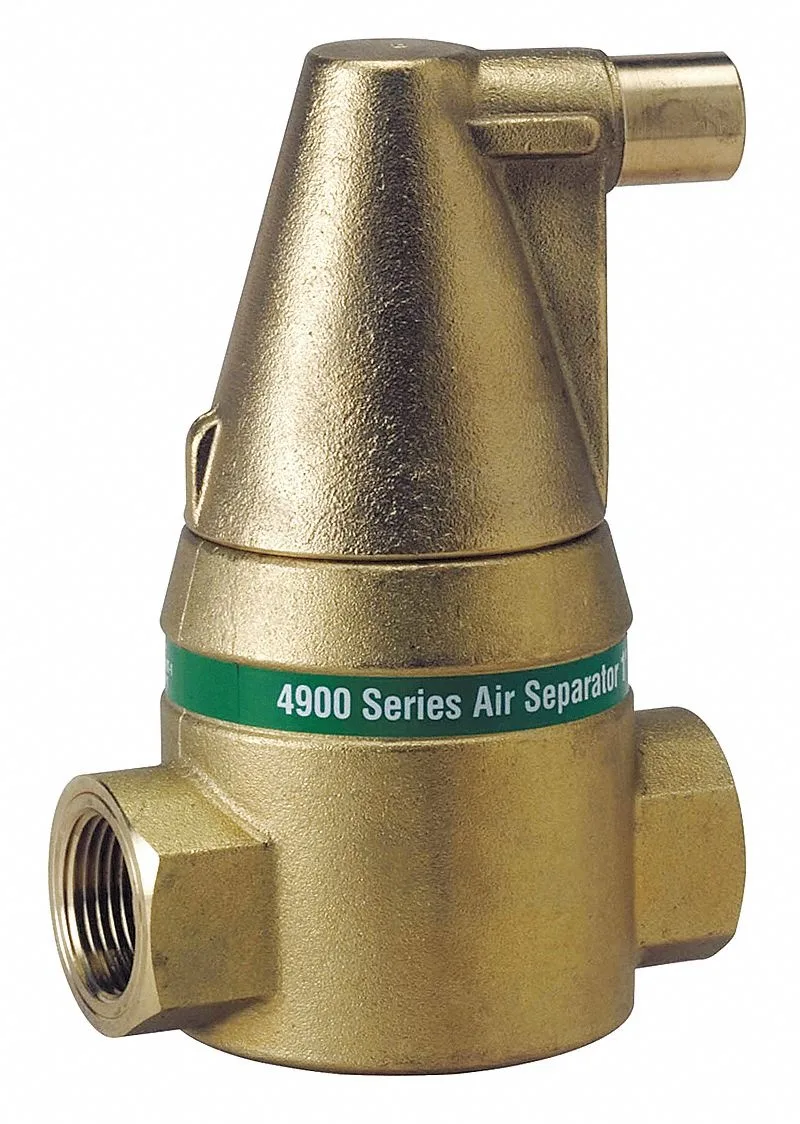 Brass inline air separator with automatic float vent, 3/4 inch connections, 150 psi rating
