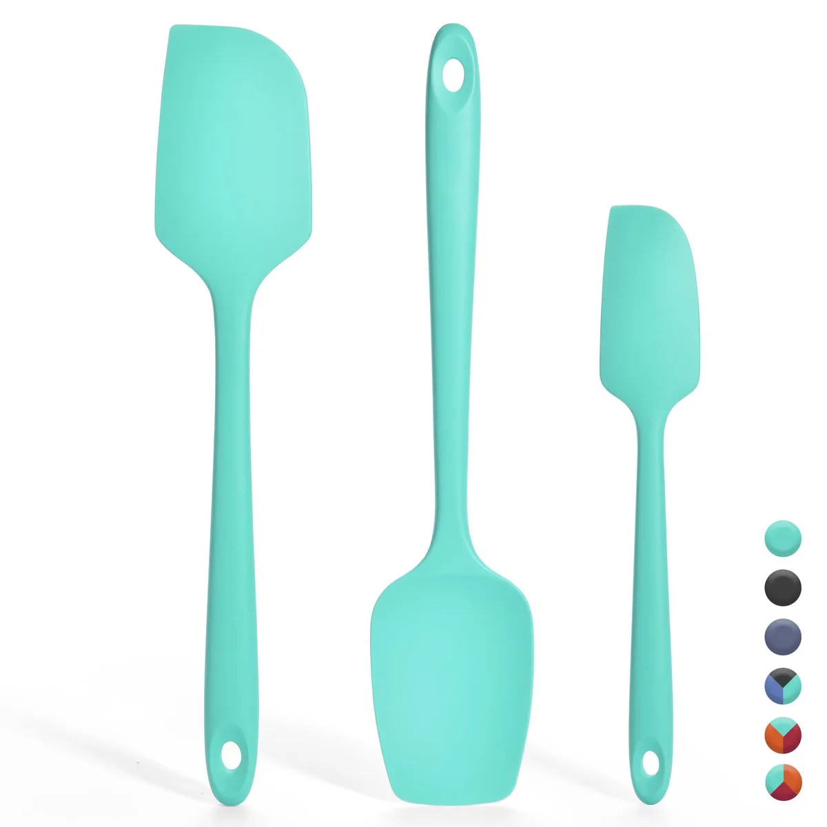 Three aqua-sky silicone cooking utensils lying flat