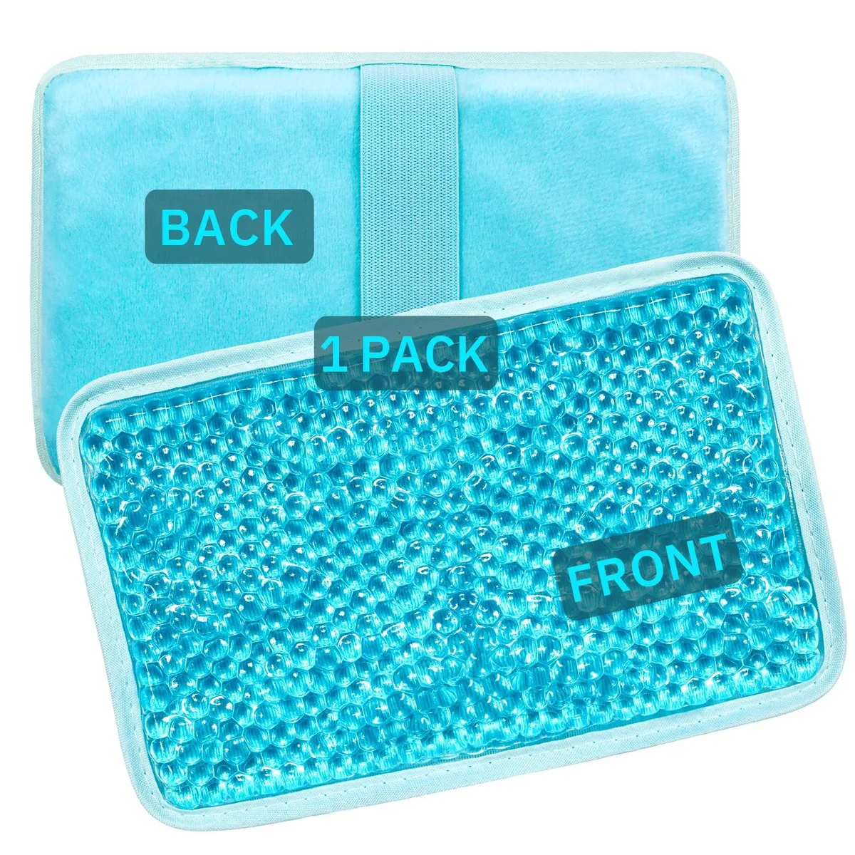 Blue gel bead pack 7.76 by 4.93 inches with black plush back and holding strap
