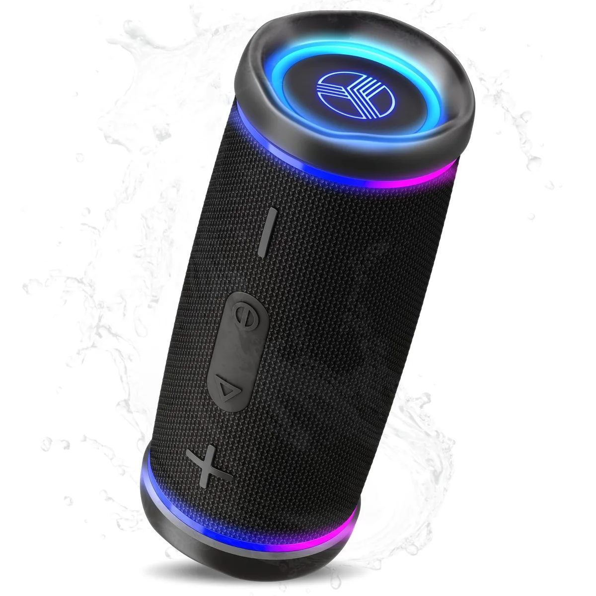 Cylindrical black Bluetooth speaker with mesh grille and RGB light ring