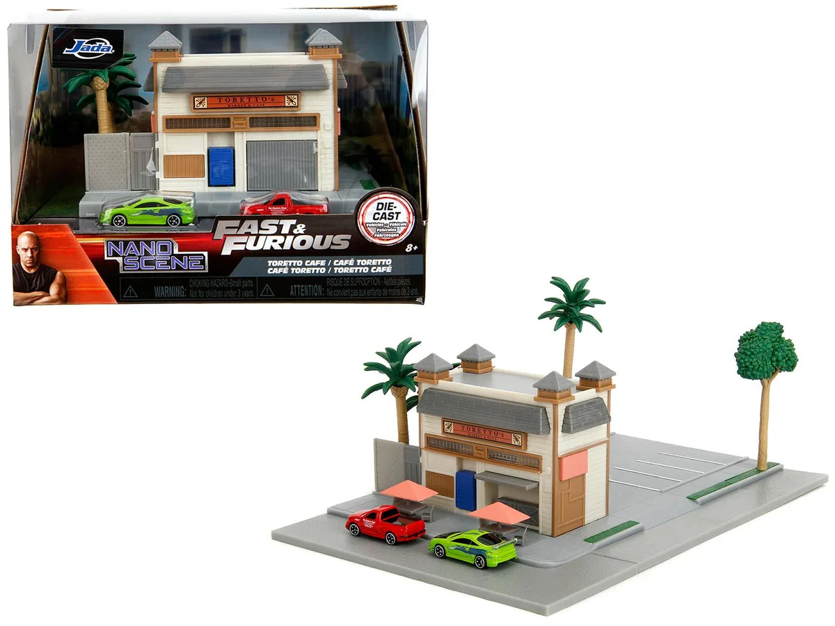 Jada Jada Toretto Cafe Diorama Mitsubishi Eclipse Green Ford F-150 SVT Lightning Red Fast Furious Hobby Collectible — product photo