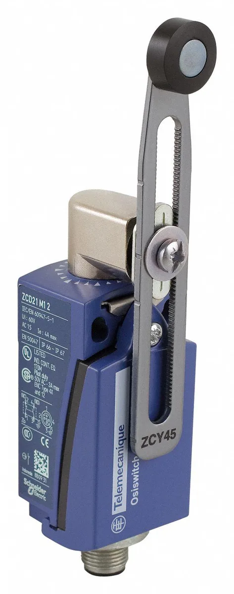 Compact beige industrial limit switch with adjustable silver roller lever and M12 connector on side