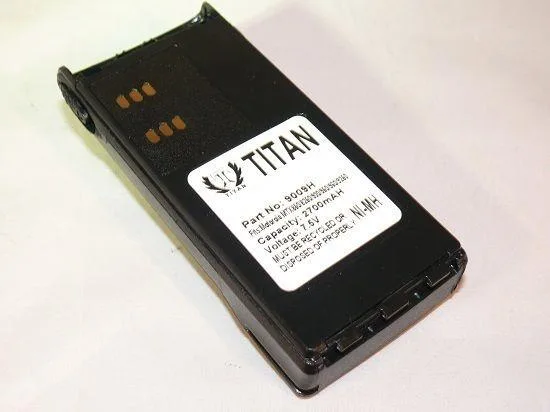 Rectangular two-way radio battery pack, dark plastic casing, label shows 2700mAh NiMh