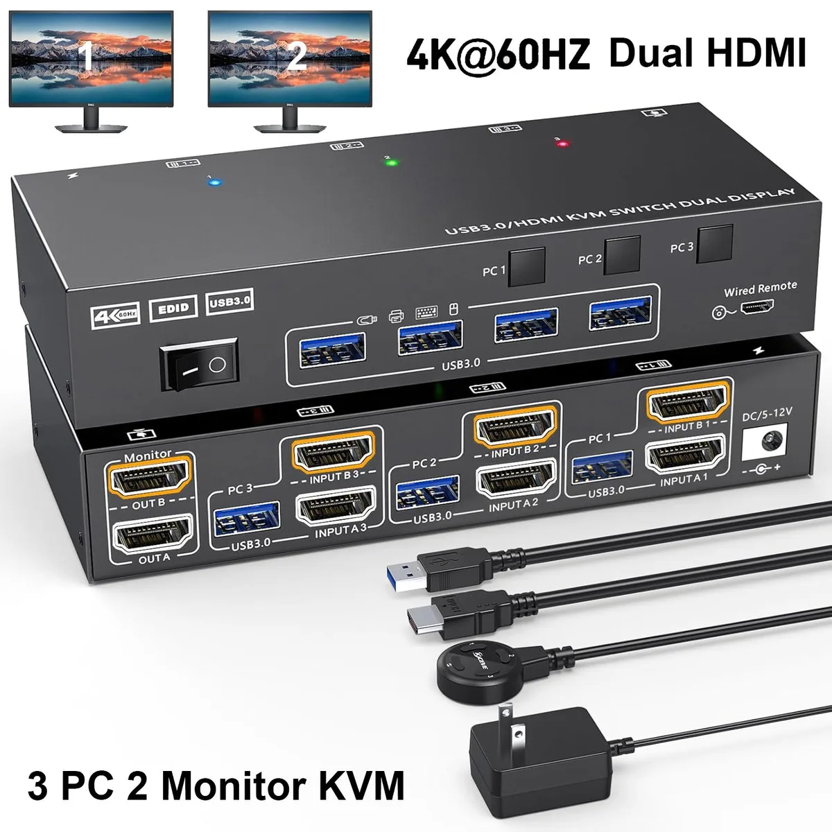 AUTYUE AUTYUE HDMI KVM Switch 3 Computers 2 Monitors 4K@60Hz/2K@120Hz — product photo