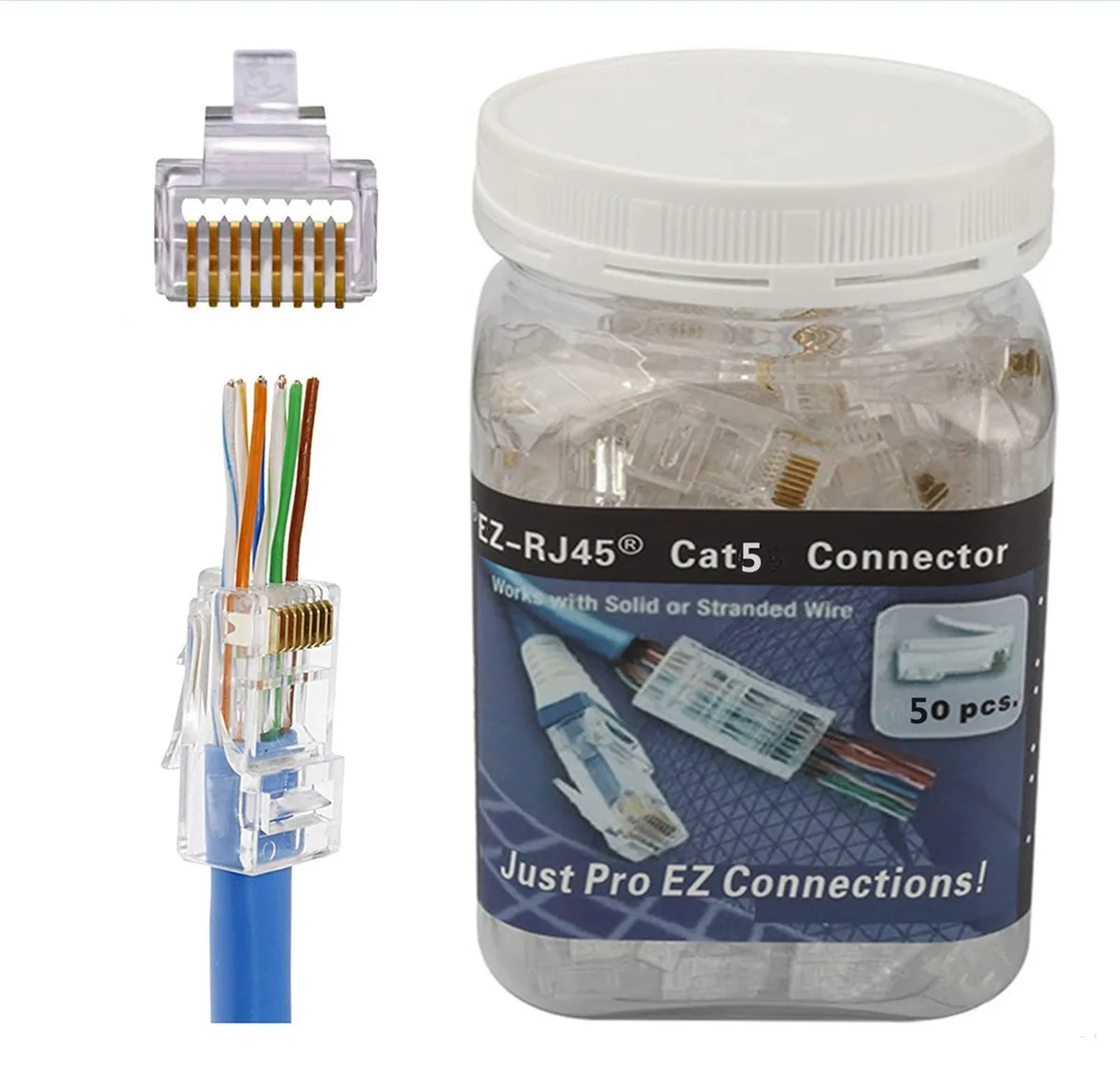 Clear plastic RJ45 pass-through connectors, 50 pack