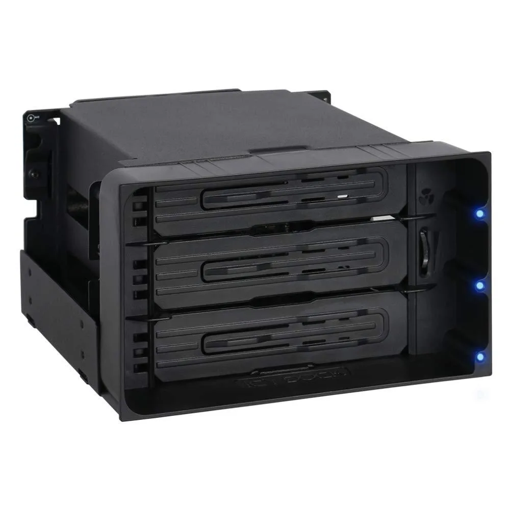 Black metal three-bay mobile rack for 3.5-inch drives in two 5.25-inch bays