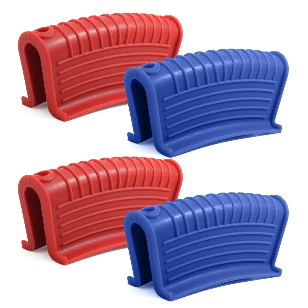 Two silicone pan handle covers in red and blue with textured grip and hanging holes