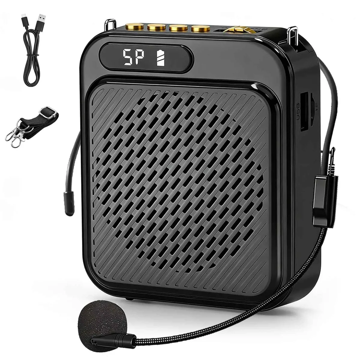 Black palm-sized voice amplifier with wired headset microphone and adjustable waistband