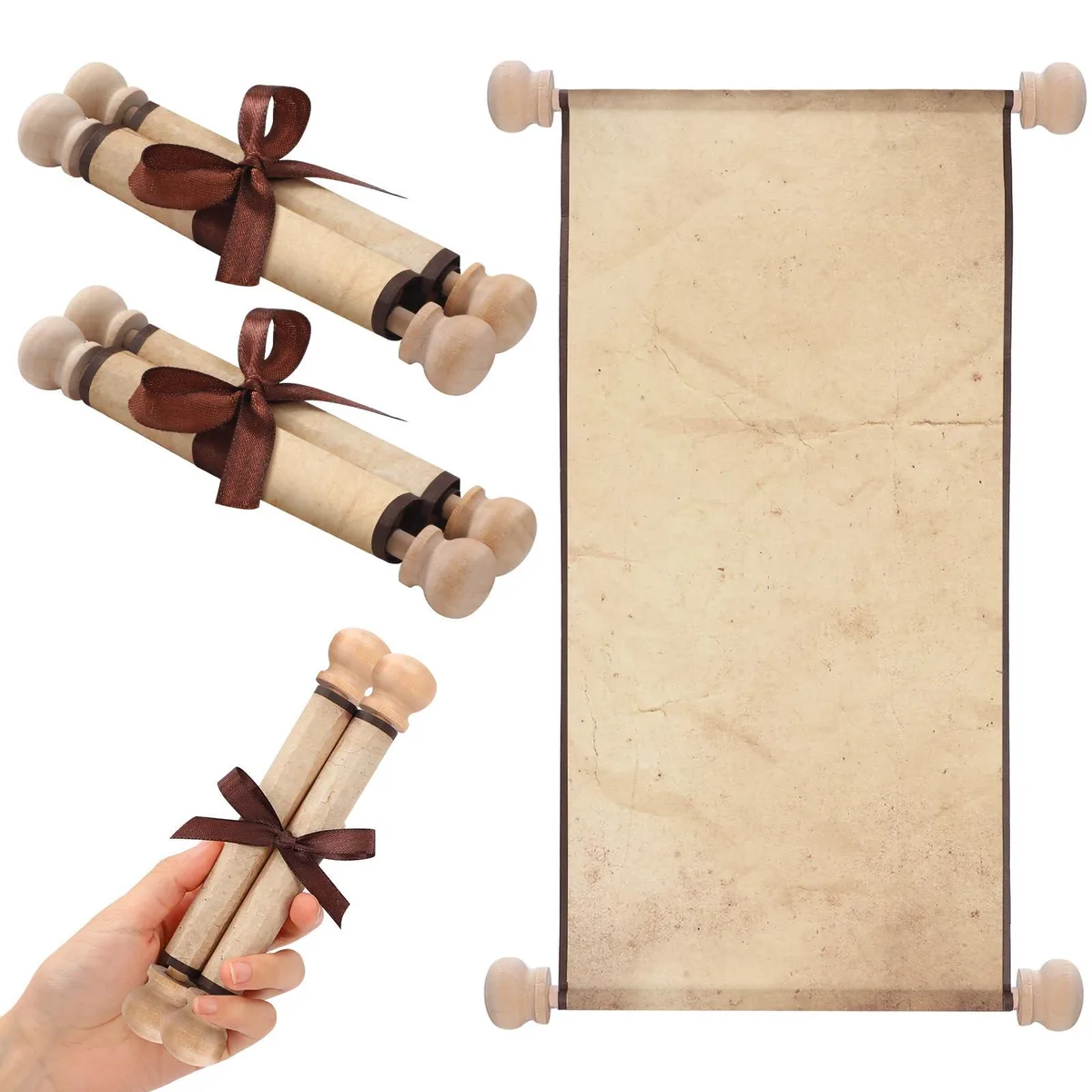 Two rolled paper scrolls on wooden rods aged finish 3.5 x 8 in
