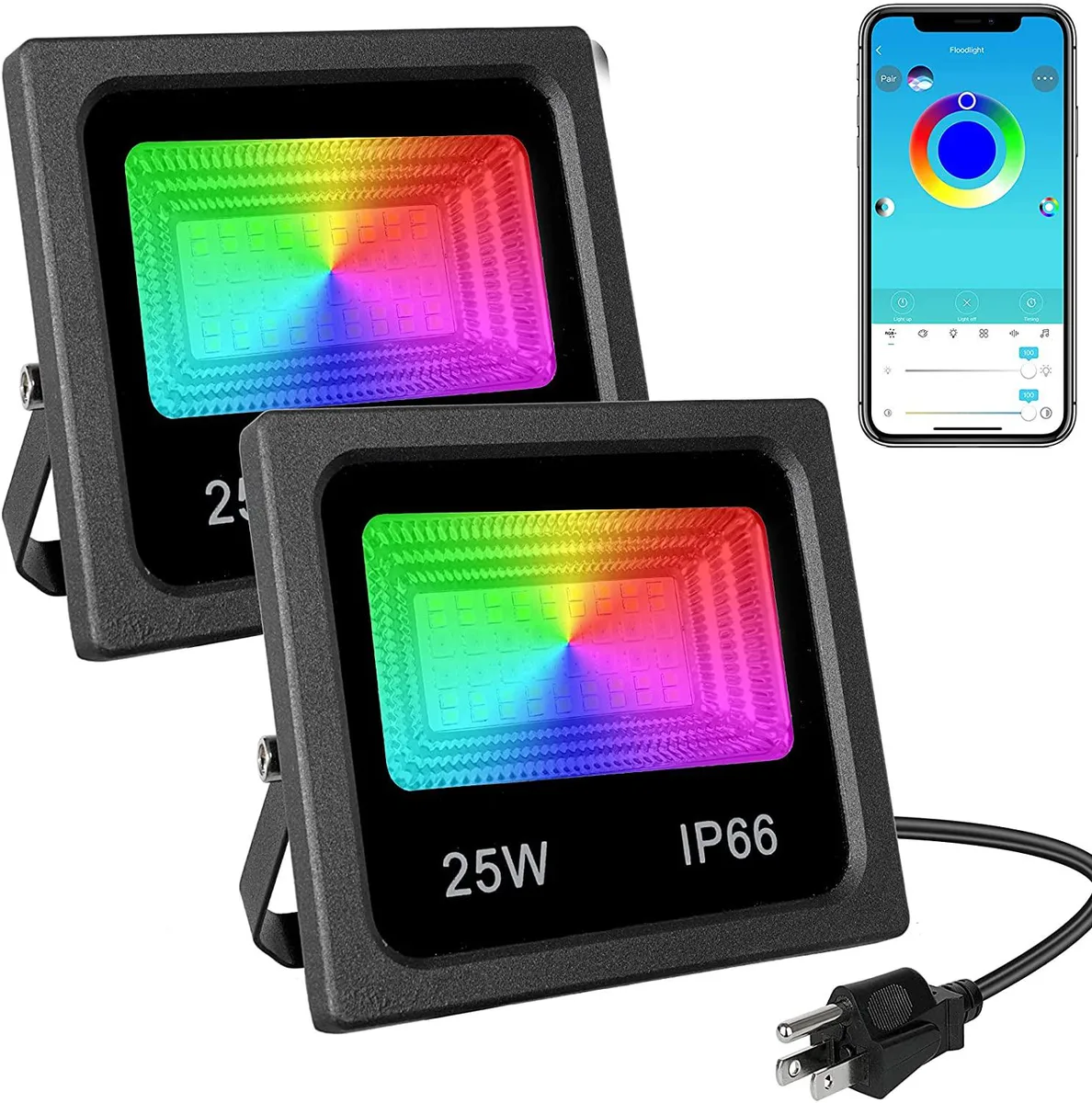 Two black rectangular 25W RGB floodlights with adjustable brackets