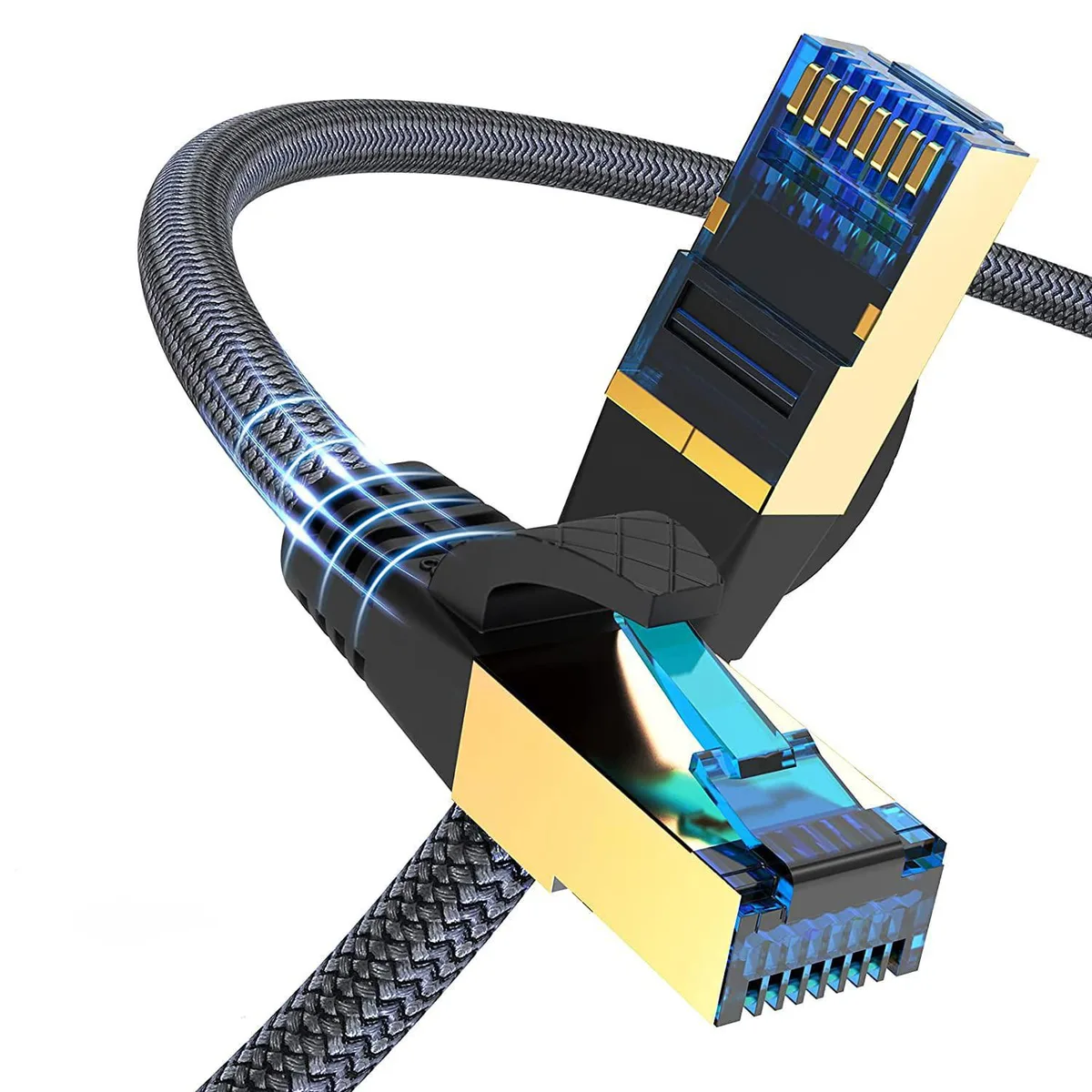 Black nylon-braided Cat 8 Ethernet cable 33 ft with gold-plated connectors