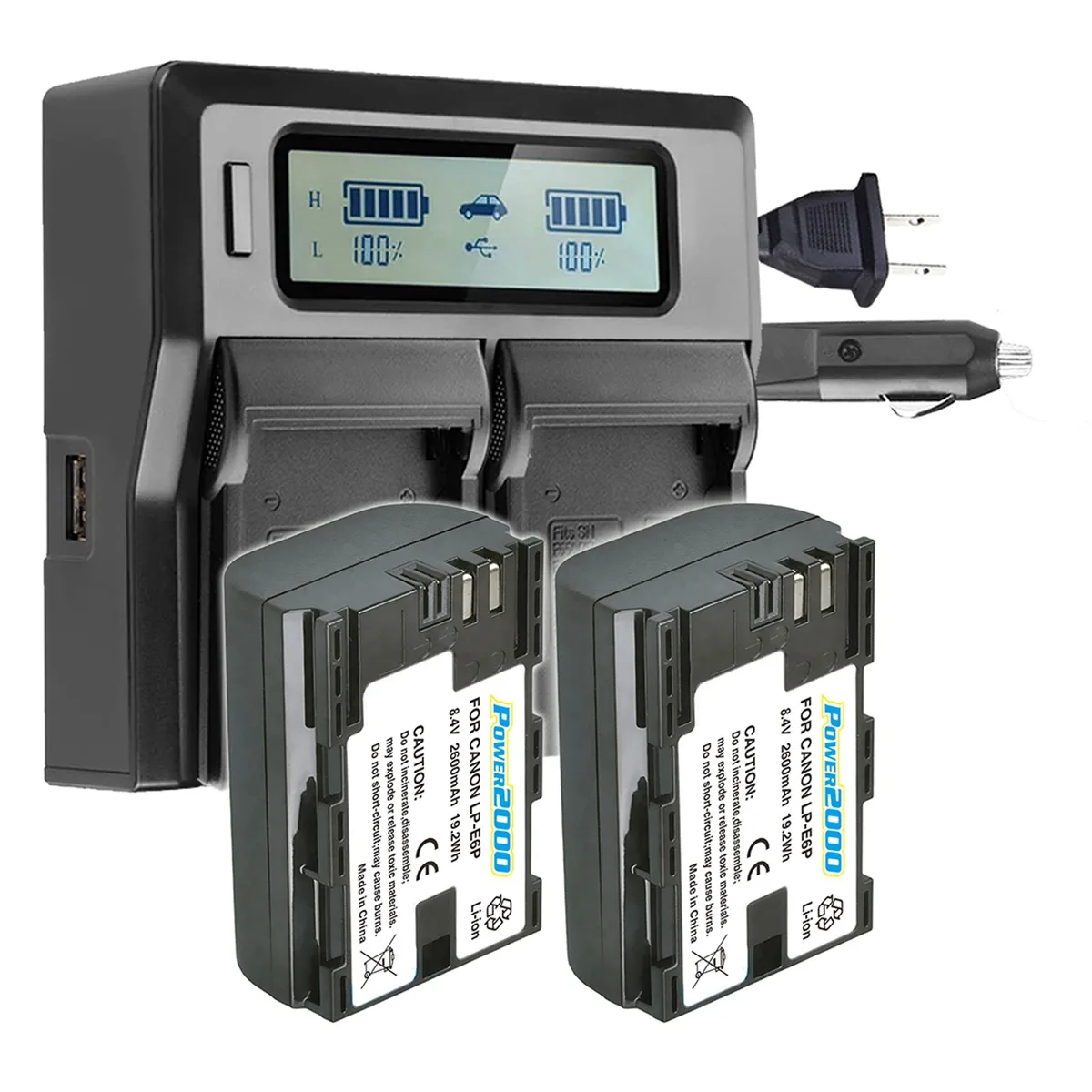 Power2000 Power2000 2-Pack LP-E6P 8.4V 2400mAh Battery with Dual Bay LCD Charger — product photo