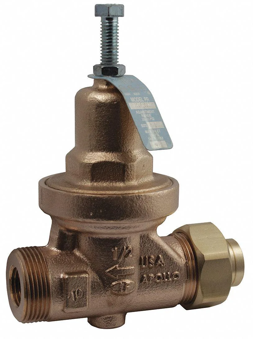 Bronze water pressure reducing valve with NPT connections, 3/4 inch size, adjustable pressure range