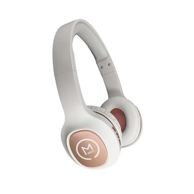 Rose gold over-ear headphones with padded headband and ear cups