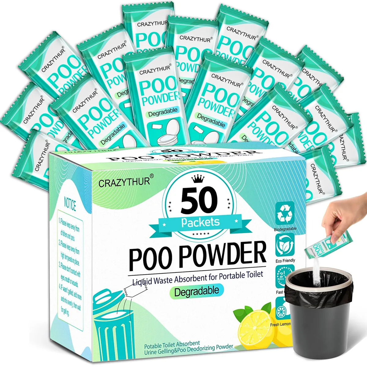 Fifty lemon-scented 10 g gel powder sachets in a pack