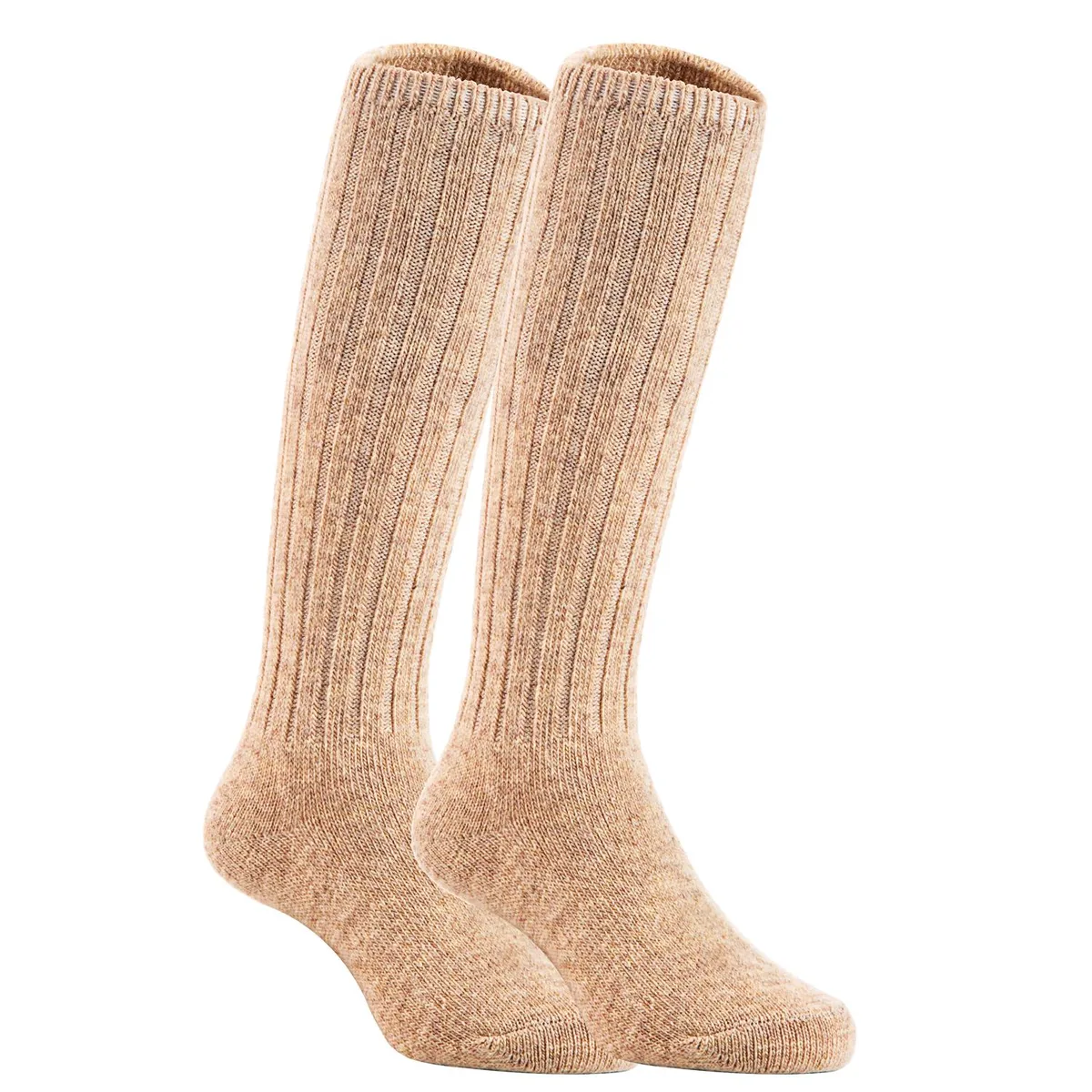 Pair of beige knee-high wool-blend boot socks, size L, soft ribbed texture