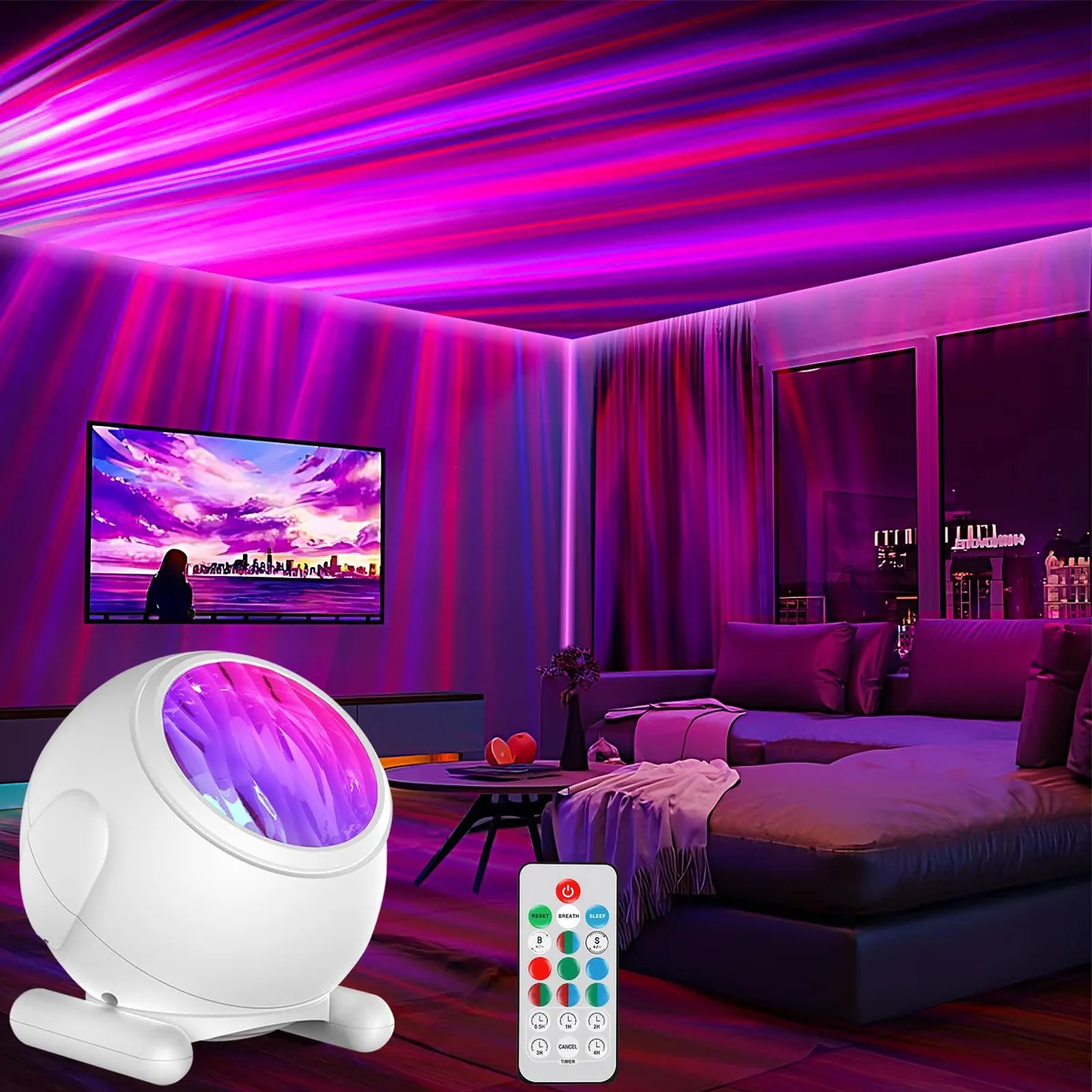 Compact white plastic cube projector with USB-C cable and remote control, 3.1 by 3.9 by 4.3 inches