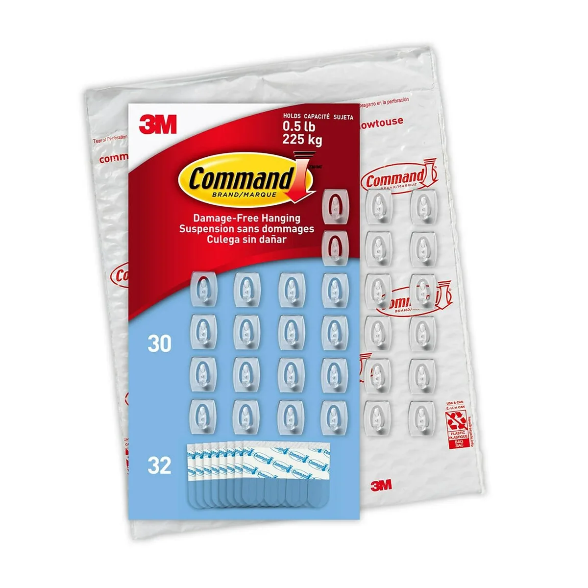Clear plastic mini hooks with adhesive strips, thirty pack