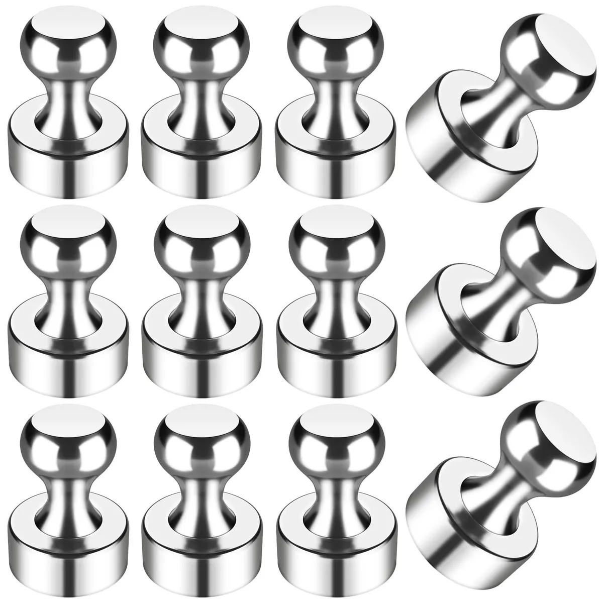 Twelve small silver cylindrical magnets with polished stainless steel shells