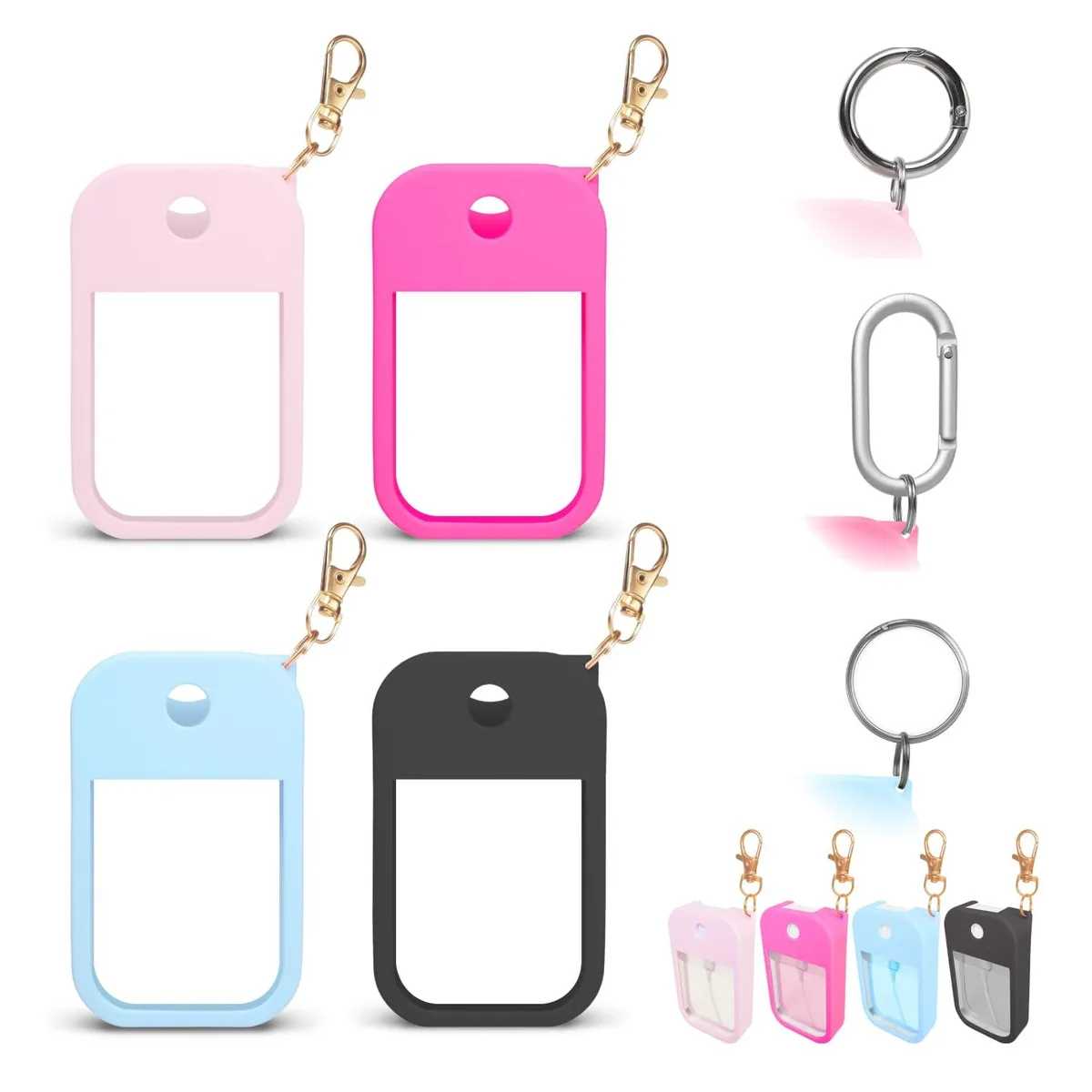 Soft pink silicone case with metal carabiner for 30 mL sanitizer spray