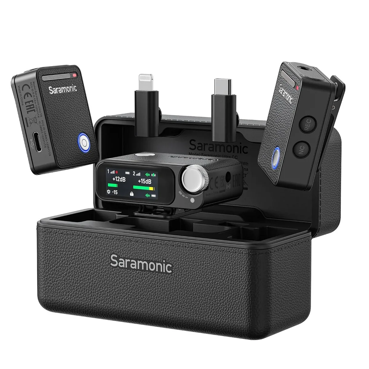 Two clip-on transmitters, touchscreen receiver, charging case, antenna, cables