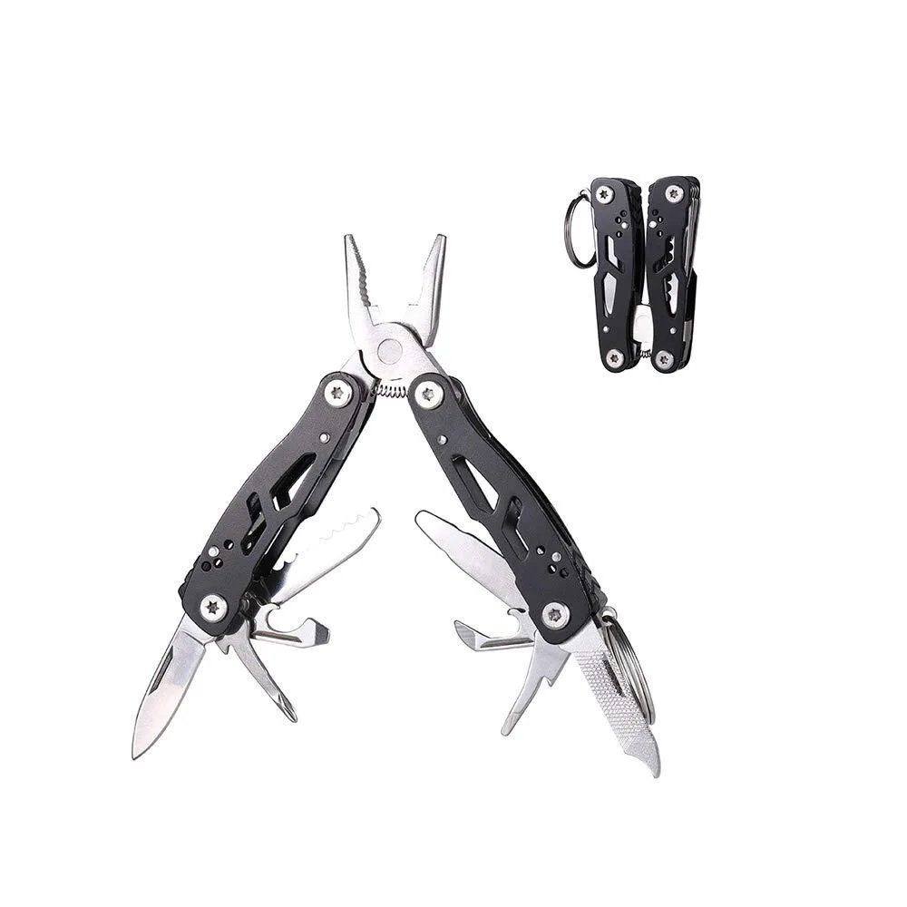 Compact black stainless steel multitool pliers, 2.7 by 1.4 by .6 inches, 92 grams, 14 tools folded inside