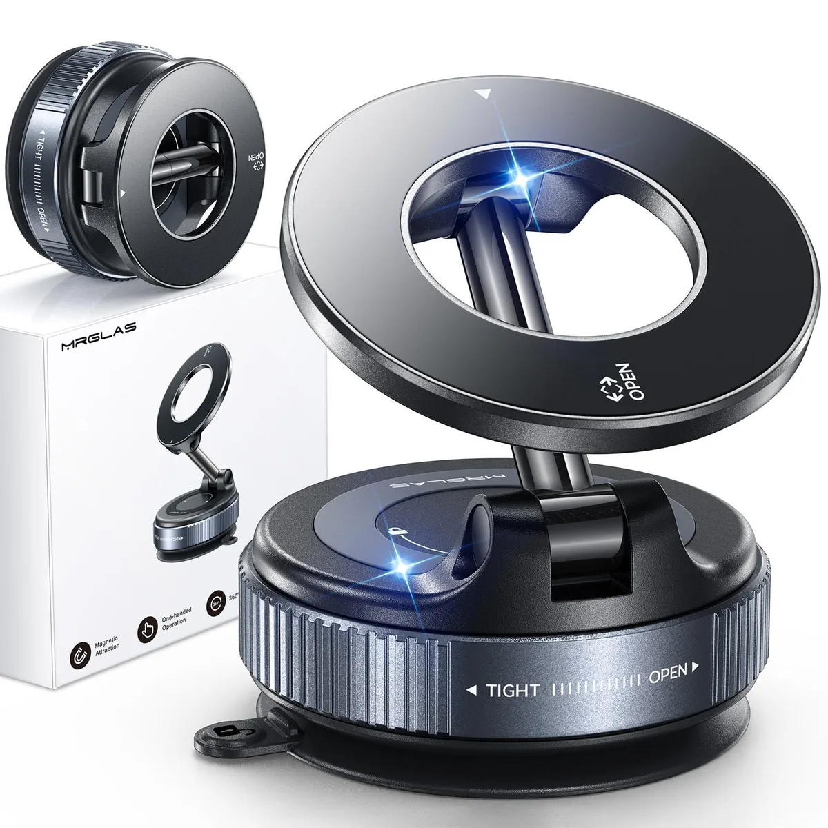 MRGLAS MG-CPH-02 MagSafe Car Mount Black 24 N55 Magnet 2800gf 98LBS Suction 360° Rotation — product photo
