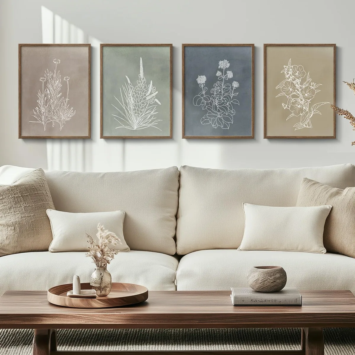 Four rectangular framed botanical prints in walnut wood frames, 12 by 16 inches each