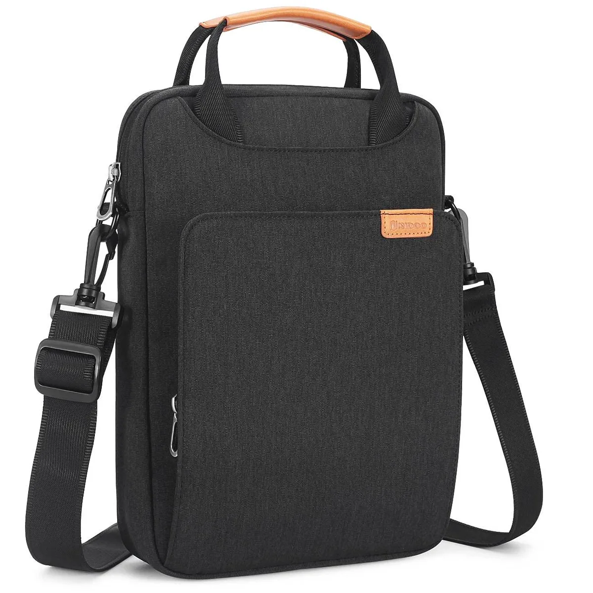 Rectangular messenger bag in dark fabric, top handles, adjustable shoulder strap, multiple external pockets