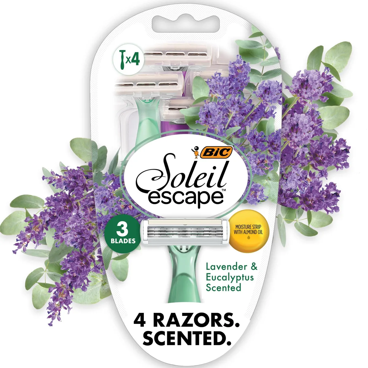 Four disposable women's razors with scented lavender eucalyptus handles and three blades each