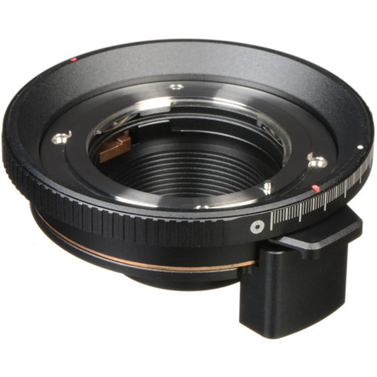 Black metal lens mount adapter with electronic contacts and shim set