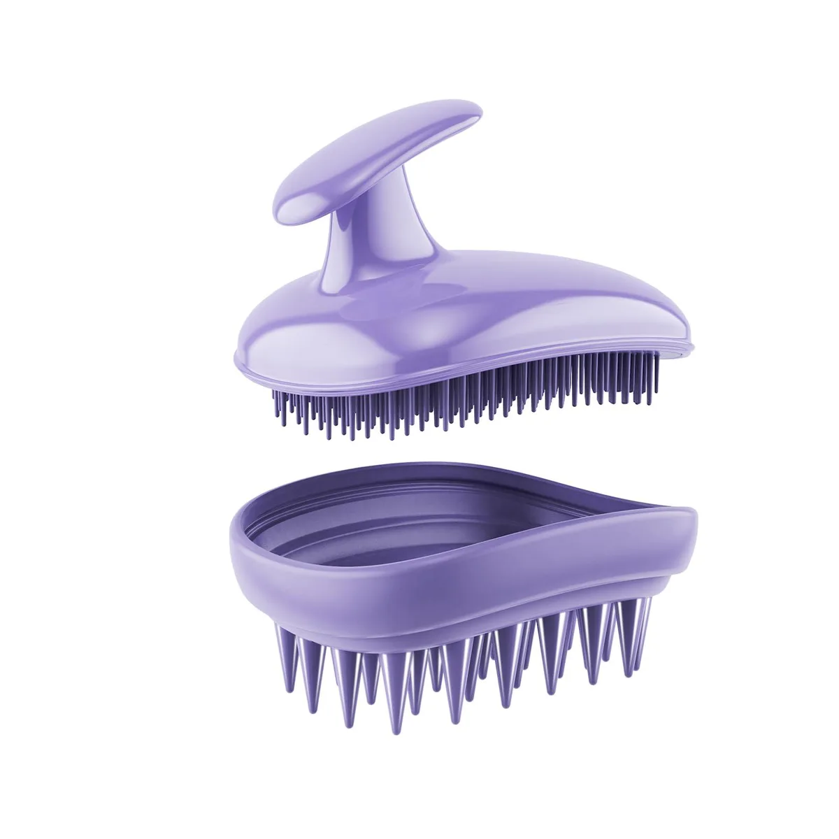 Purple silicone scalp massager with dual bristle layers and grooved grip