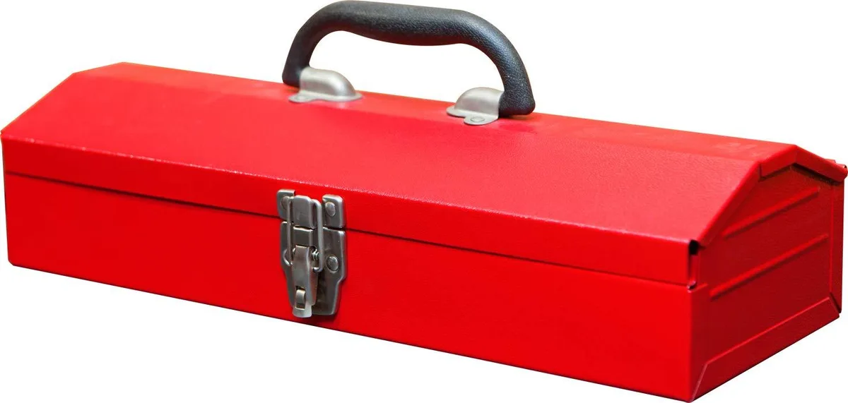 Red steel hip-roof tool box with handle and metal latch, 16.6 by 6.9 by 4.8 inches